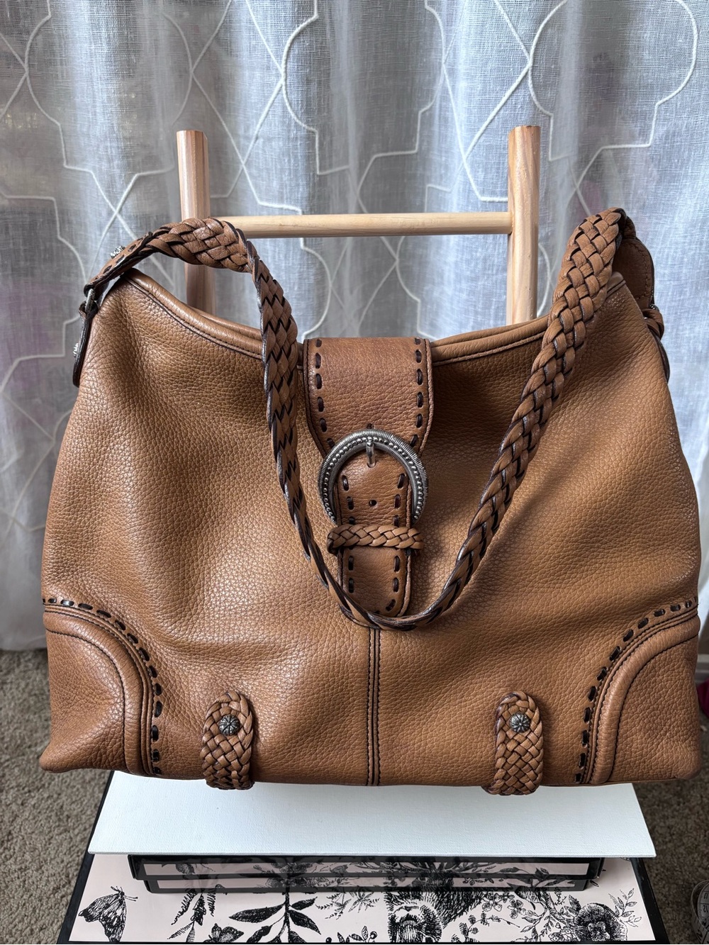 Brighton Leather Shoulder Bag with Braided Strap and Stitch Detail—D330977